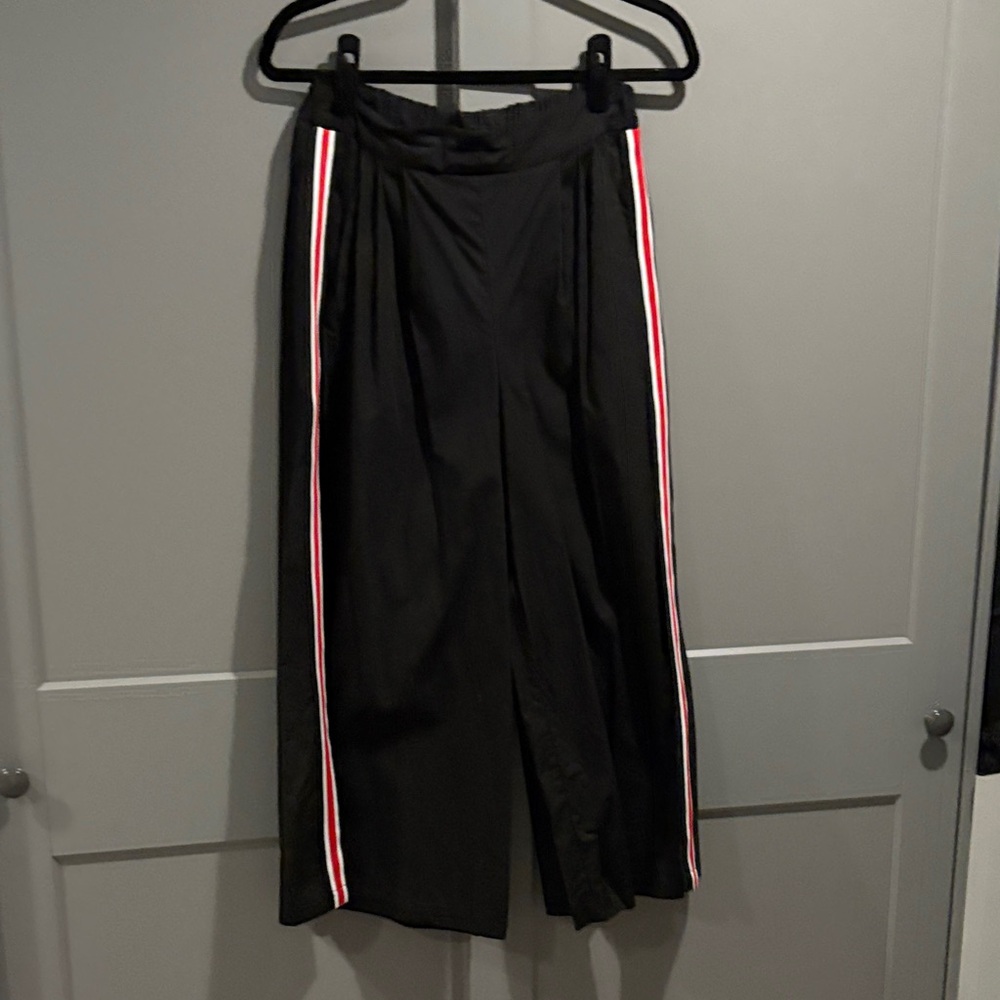 Anthropologie Maeve Black Wide-Leg Pants copped with Red and White Stripes